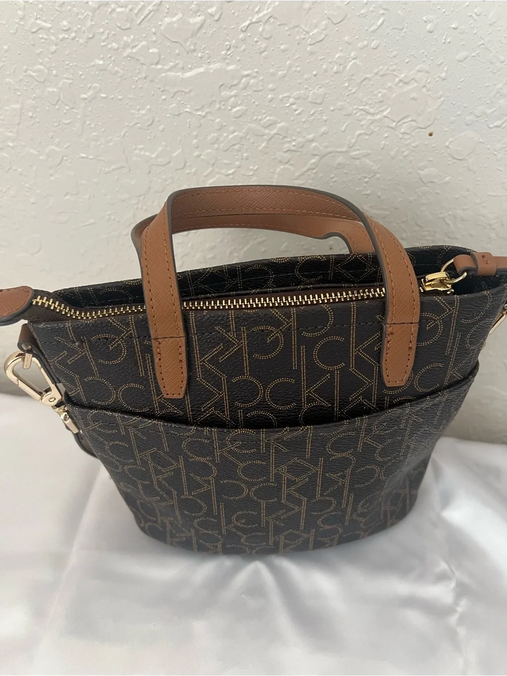 Calvin Klein Monogram Mini Tote Crossbody Bag Brown